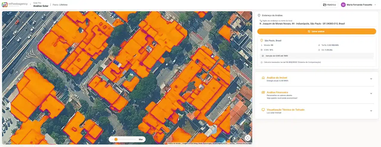 Interface da Solar API, plataforma de calculo de viabilidade fotovoltaica