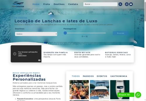 Captura da home da FW Charter, locadora de lanchas e iates